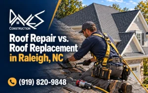 Roof repair and replacement in Raleigh, NC by Dave’s Construction.